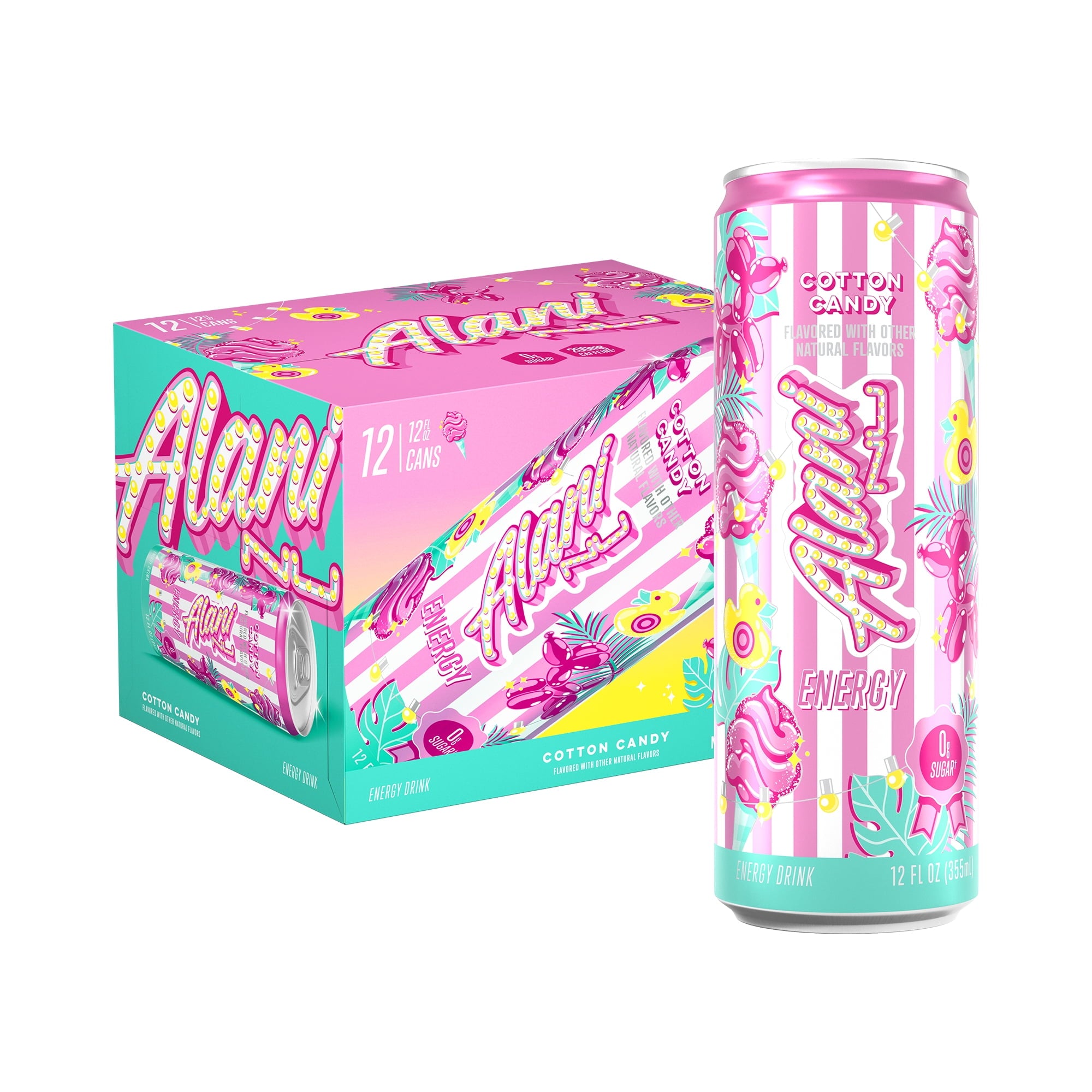 Sugar Free Energy Drink,Cotton Candy, 12 fl oz, 12 Pack, Cans, 200mg Caffeine