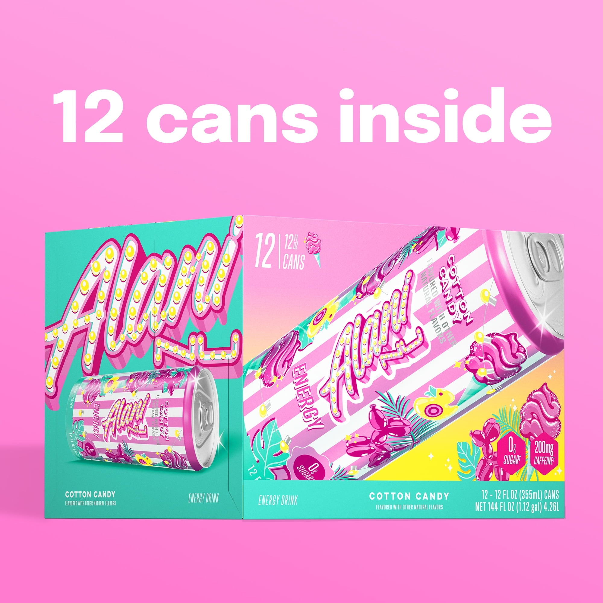Sugar Free Energy Drink,Cotton Candy, 12 fl oz, 12 Pack, Cans, 200mg Caffeine