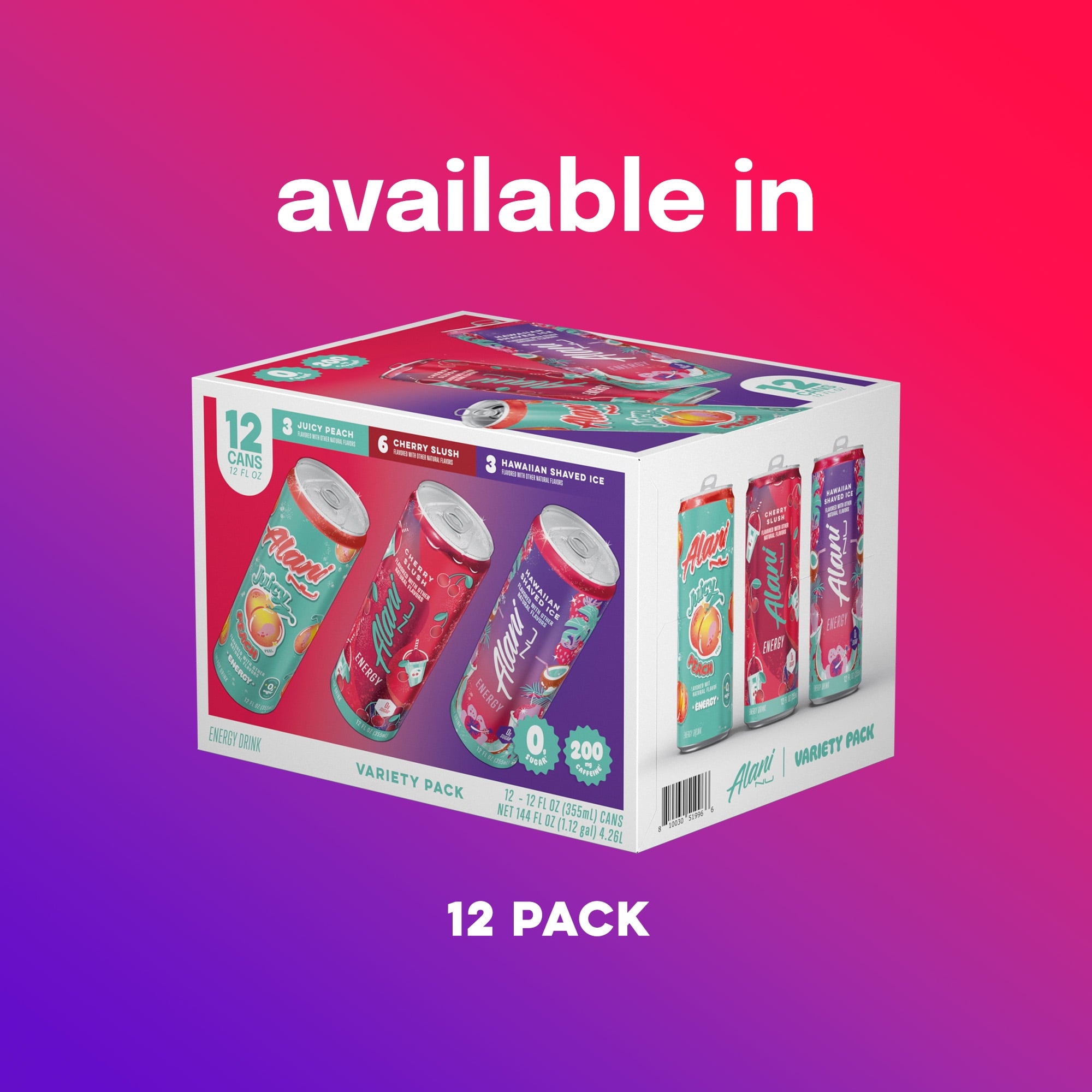 Sugar Free Energy Drink, Variety Pack, Cherry Slush, Juicy Peach, Hawaiian Shaved Ice, 12 fl oz, 12 Pack, Cans, 200mg Caffeine