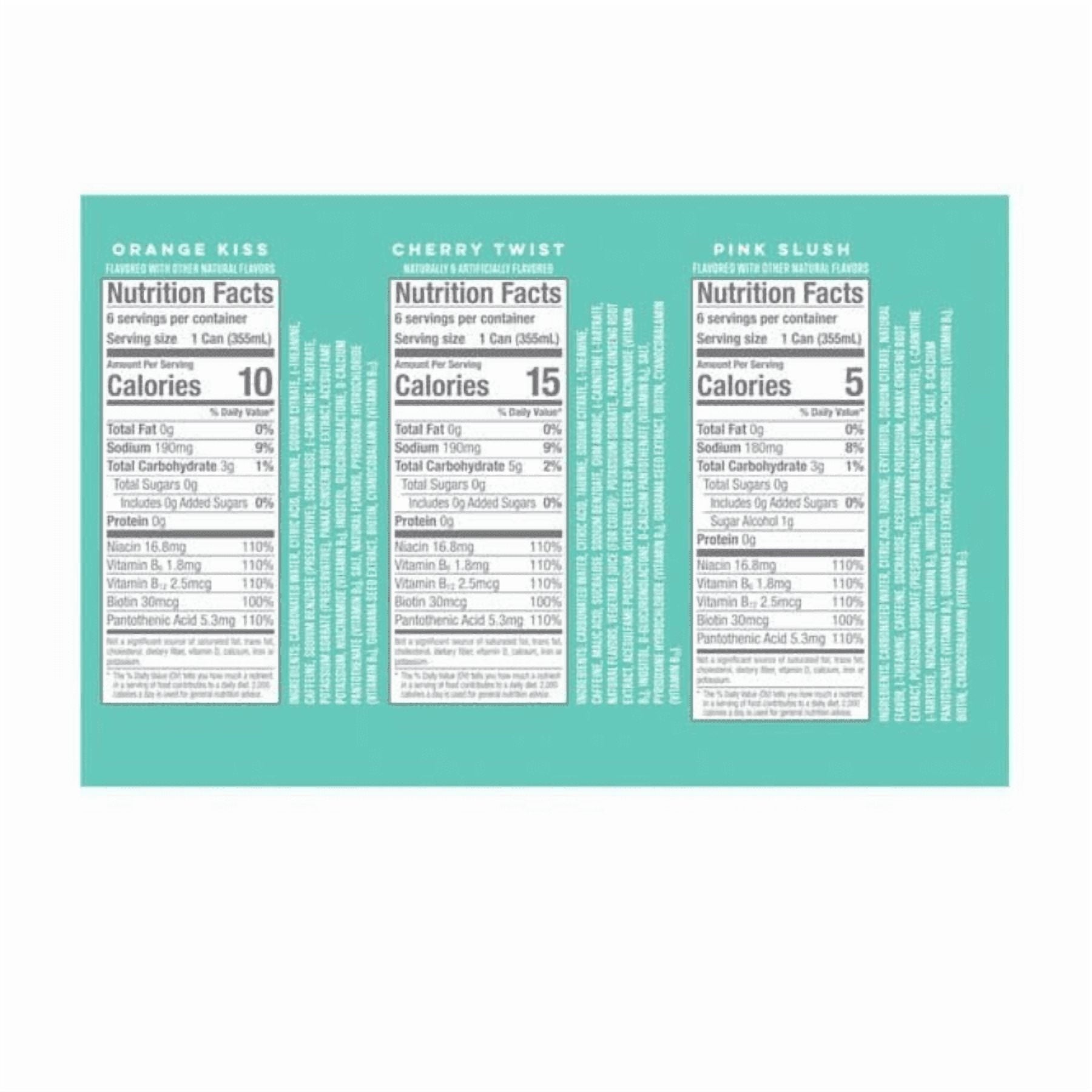 Sugar Free Energy Drink Variety Pack, Orange Kiss, Pink Slush &amp; Cherry Twist, 12 fl oz Cans, 18-Pack (2 Boxes), 200mg Caffeine