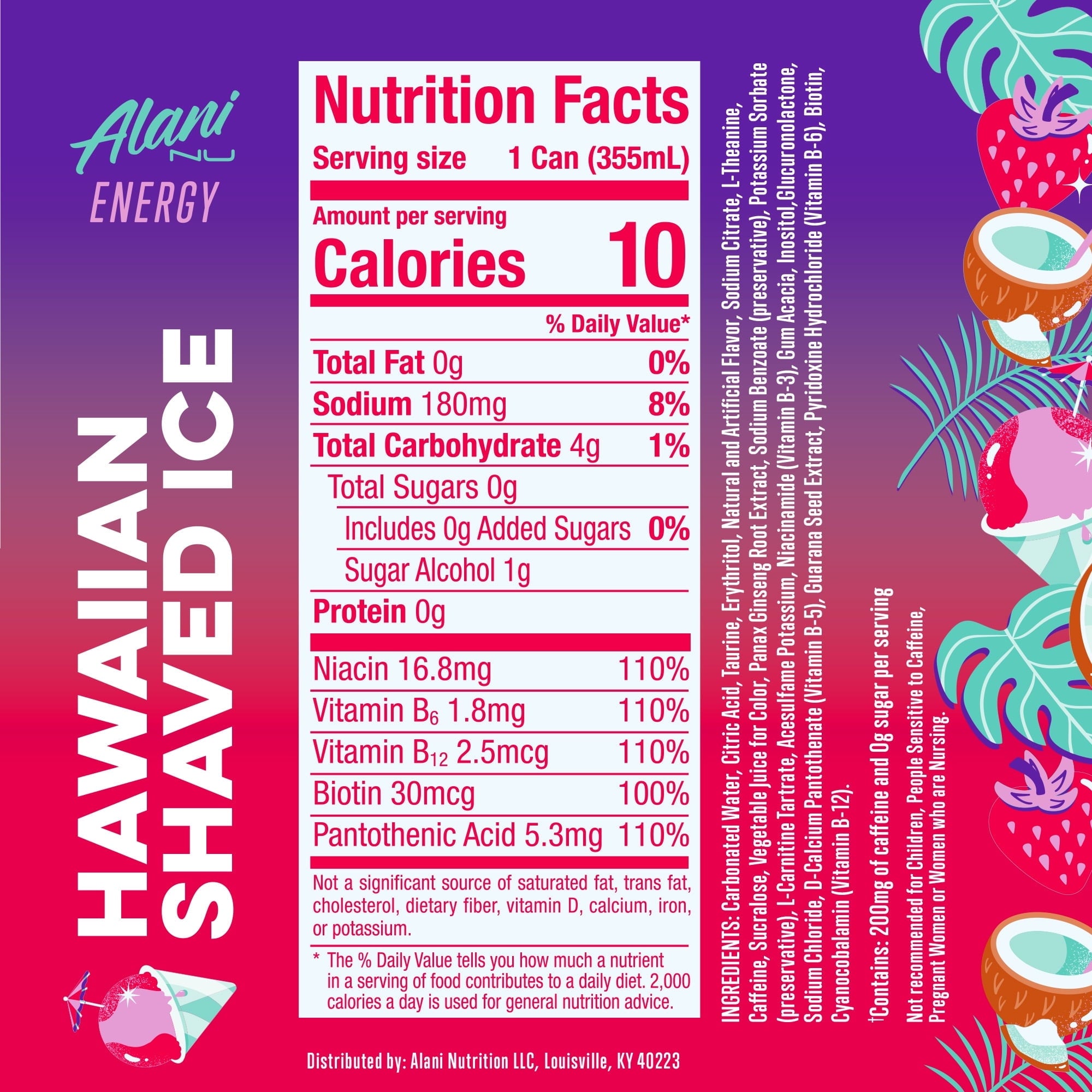 Sugar Free Energy Drink, Hawaiian Shaved Ice, 12 fl oz, Can, 200mg Caffeine pack 4 cans