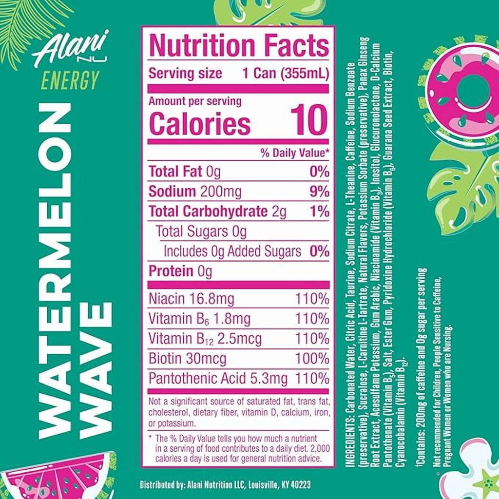 Sugar Free Energy Drink, Watermelon Wave, 12 fl oz, 12 Pack, Cans, 200mg Caffeine