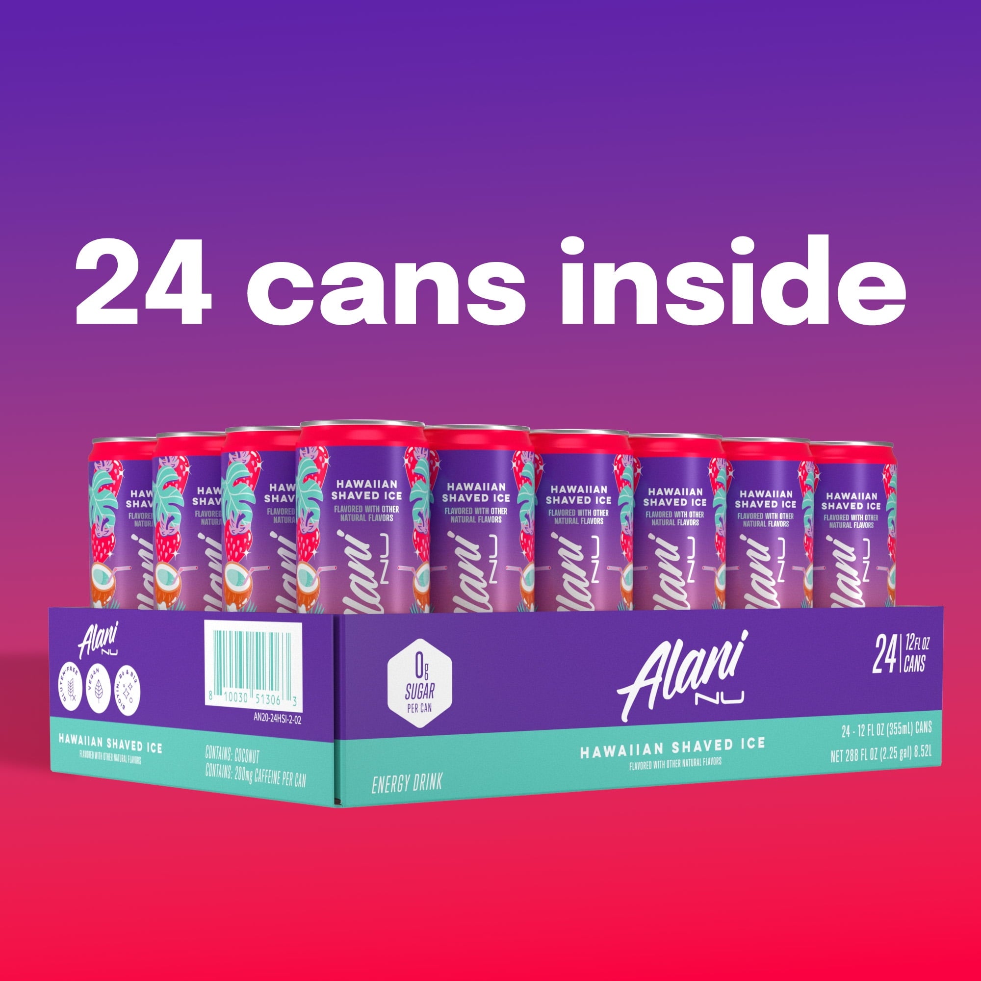 Sugar Free Energy Drink, Hawaiian Shaved Ice, 12 fl oz, 24 Pack, Cans, 200mg Caffeine