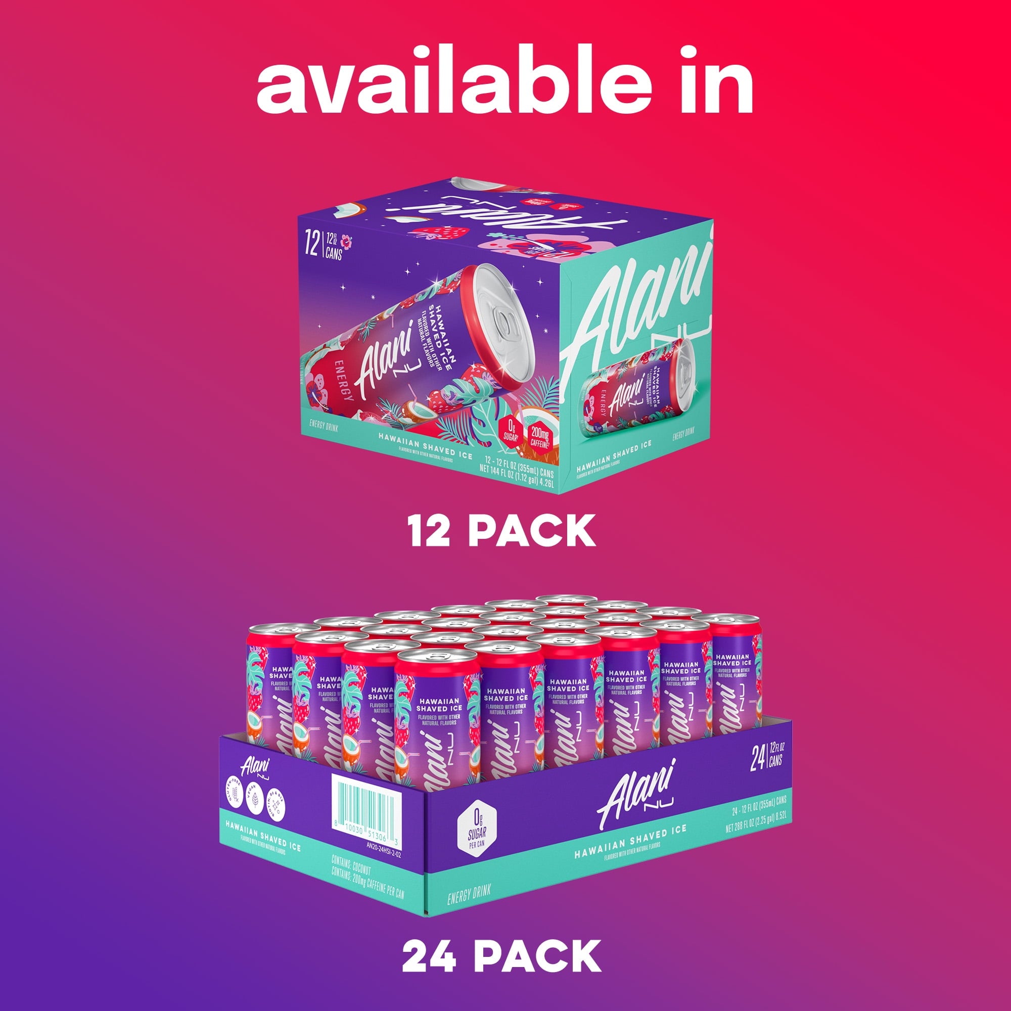 Sugar Free Energy Drink, Hawaiian Shaved Ice, 12 fl oz, 24 Pack, Cans, 200mg Caffeine
