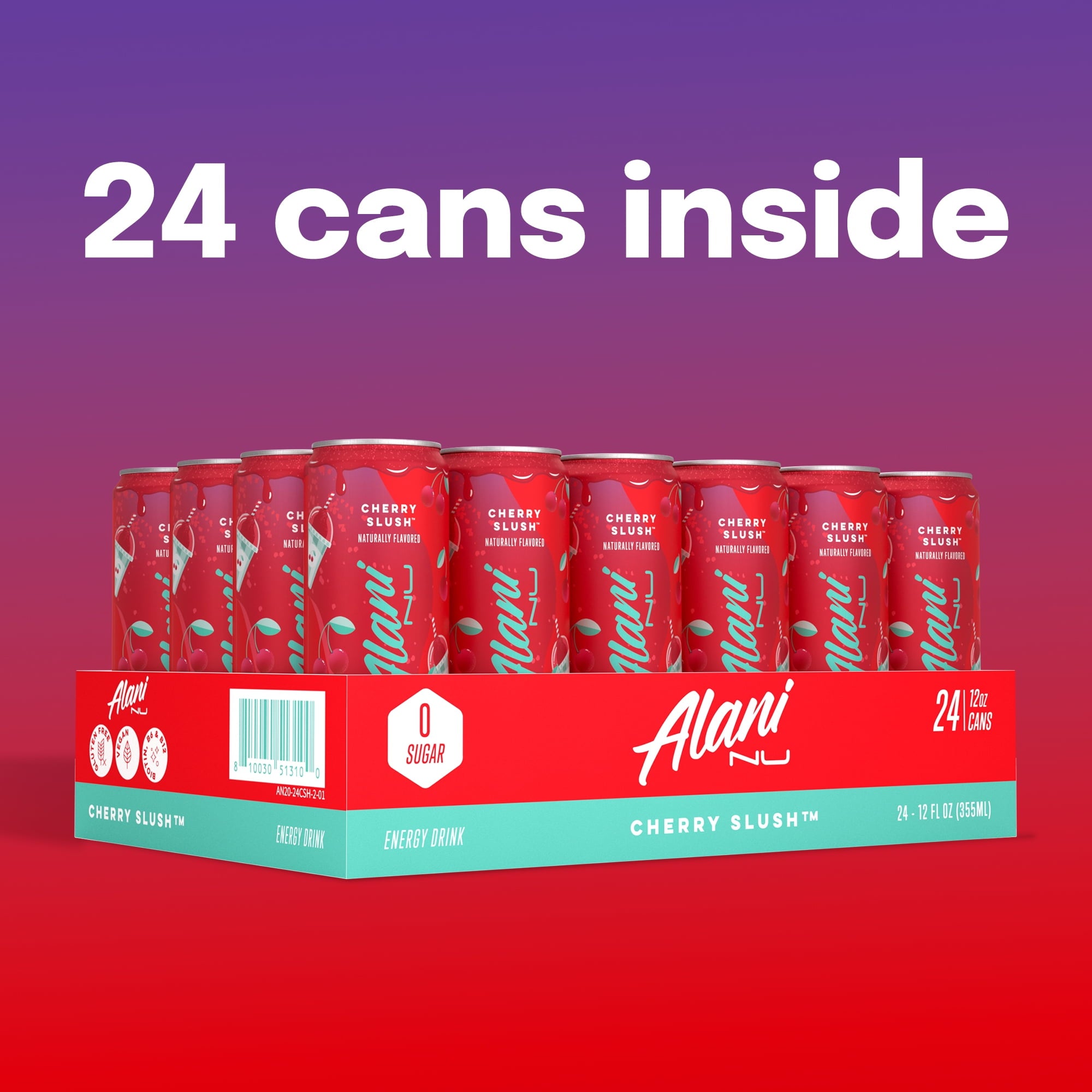Sugar Free Energy Drink, Cherry Slush, 12 fl oz, 24 Pack, Cans, 200mg Caffeine