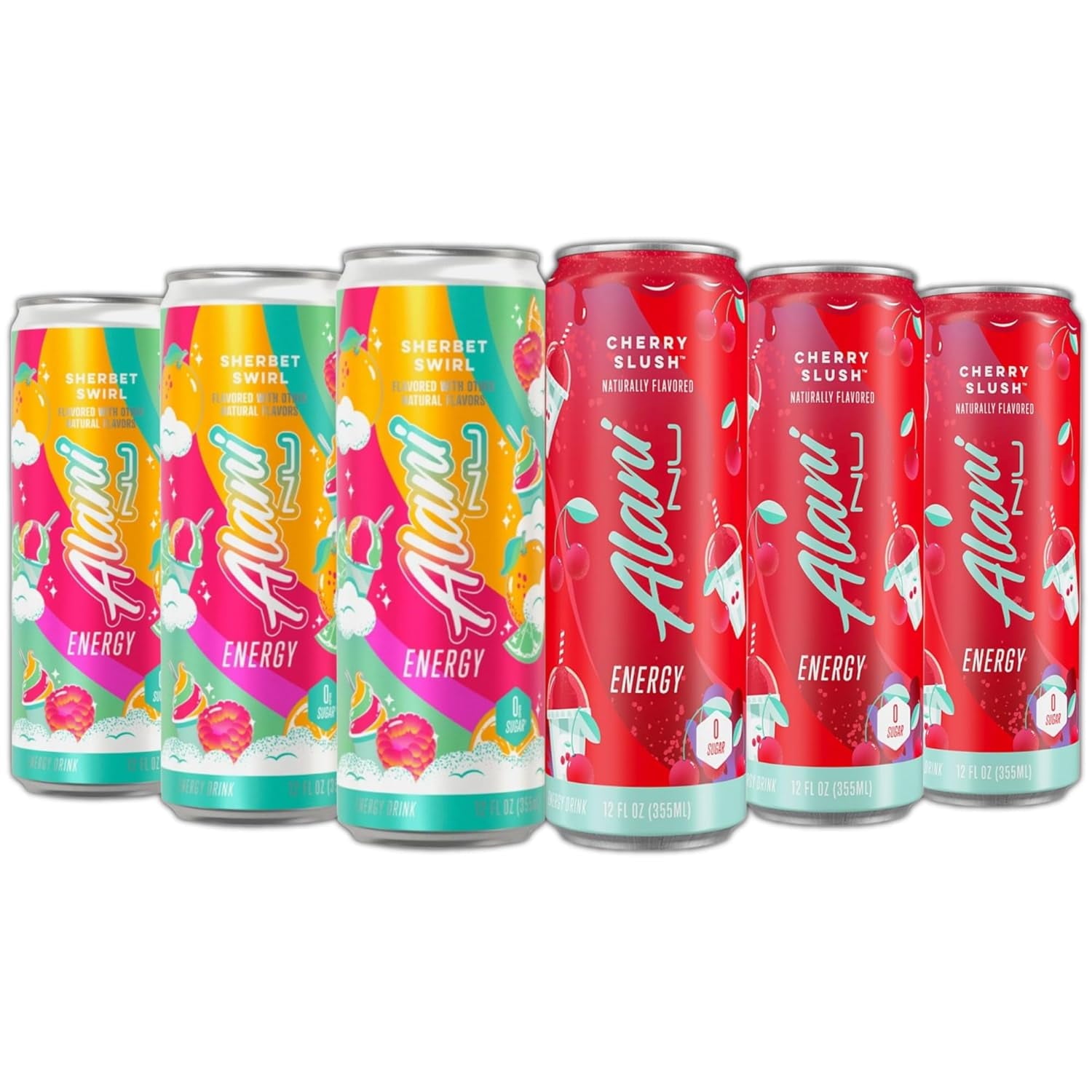 New  Energy Drinks Sherbet Swirl, Cherry Slush Flavors Variety Pack, Biotin B Vitamins, Sugar-Free, Low-Calorie, 200mg Caffeine, Energy Boost Drink 12 fl oz (Pack of 6)