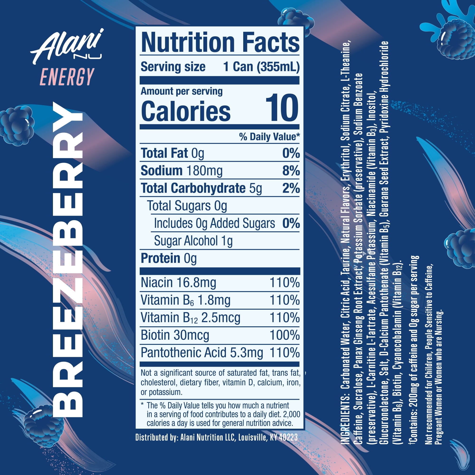 Sugar Free Energy Drink, Breezeberry, 12 fl oz, 12 Pack, Cans, 200mg Caffeine