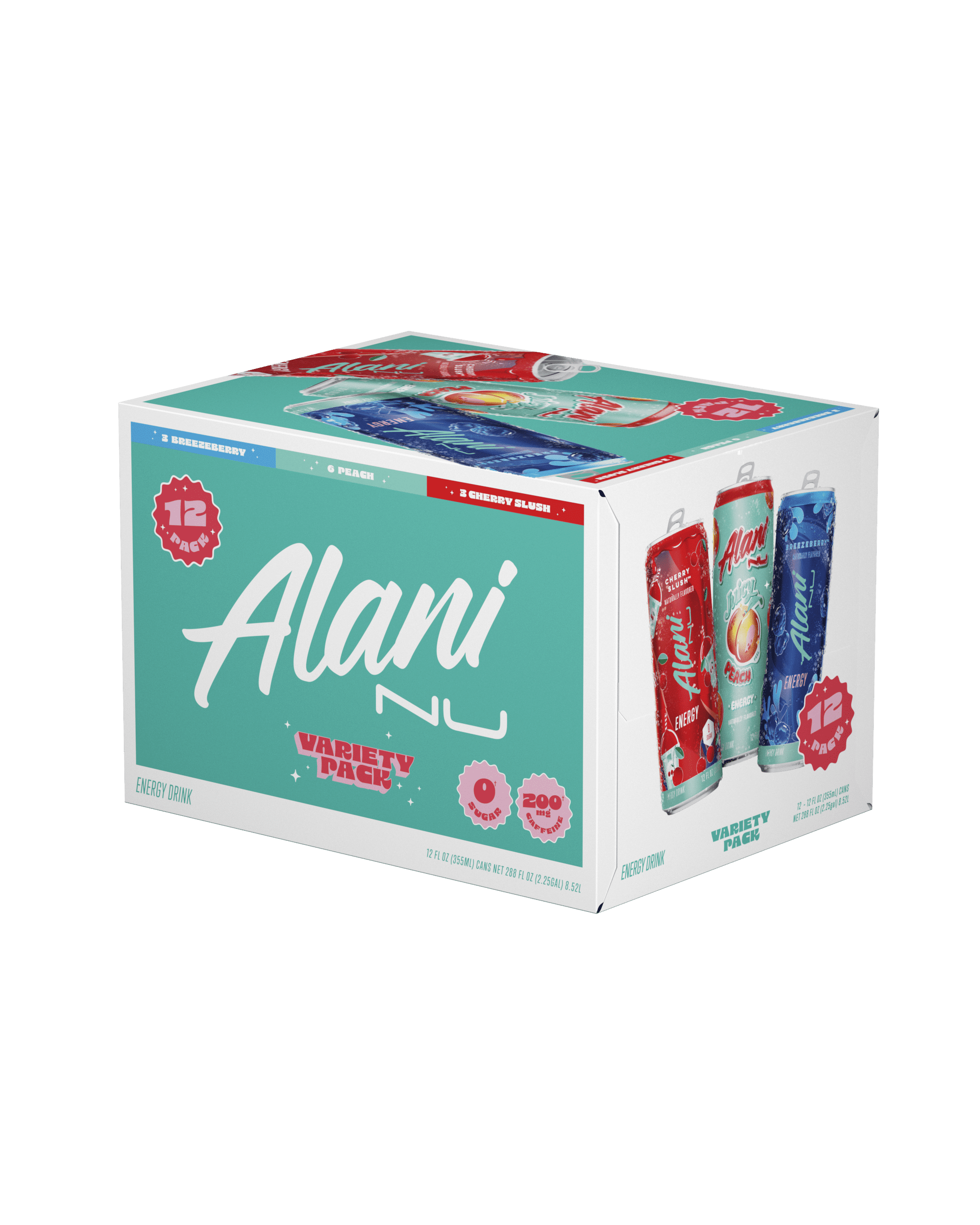 Sugar-Free Energy Drink, 12 Pack Variety of 12 fl oz Cans, Juicy Peach, Cherry Slush, Breezeberry (Pack of 12)