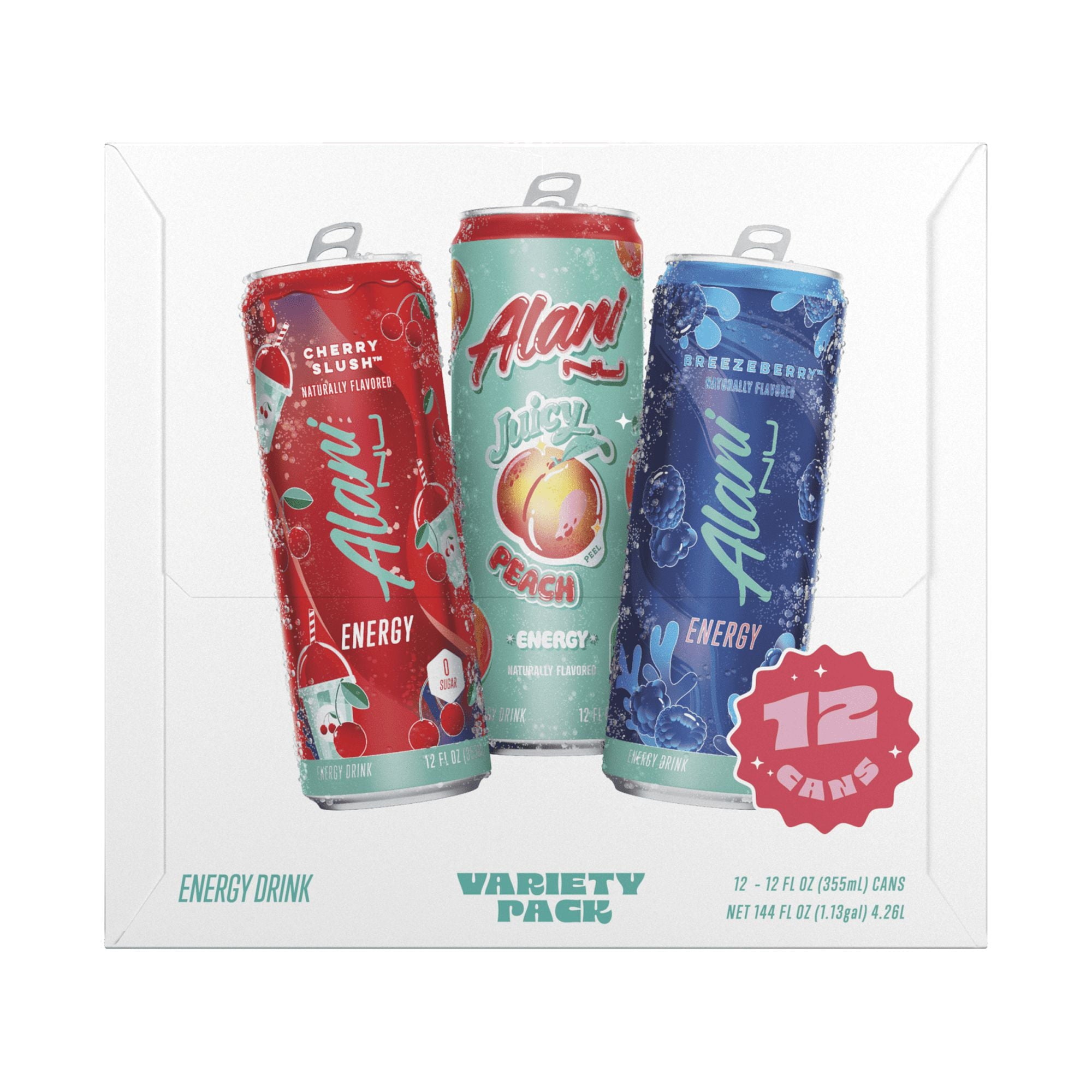 Sugar-Free Energy Drink, 12 Pack Variety of 12 fl oz Cans, Juicy Peach, Cherry Slush, Breezeberry (Pack of 12)