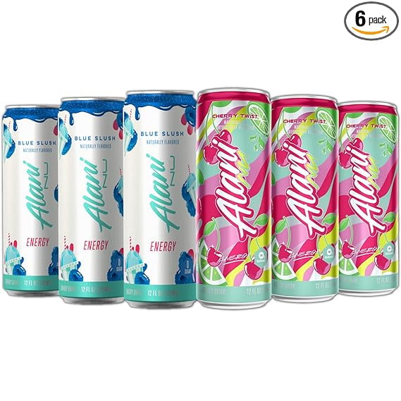 New  Energy Drinks Blue Slush, Cherry Twist Flavors Sugar-Free, Low-Calorie, 200mg Caffeine, Energy Boost Drink 12 fl oz (Pack of 6)