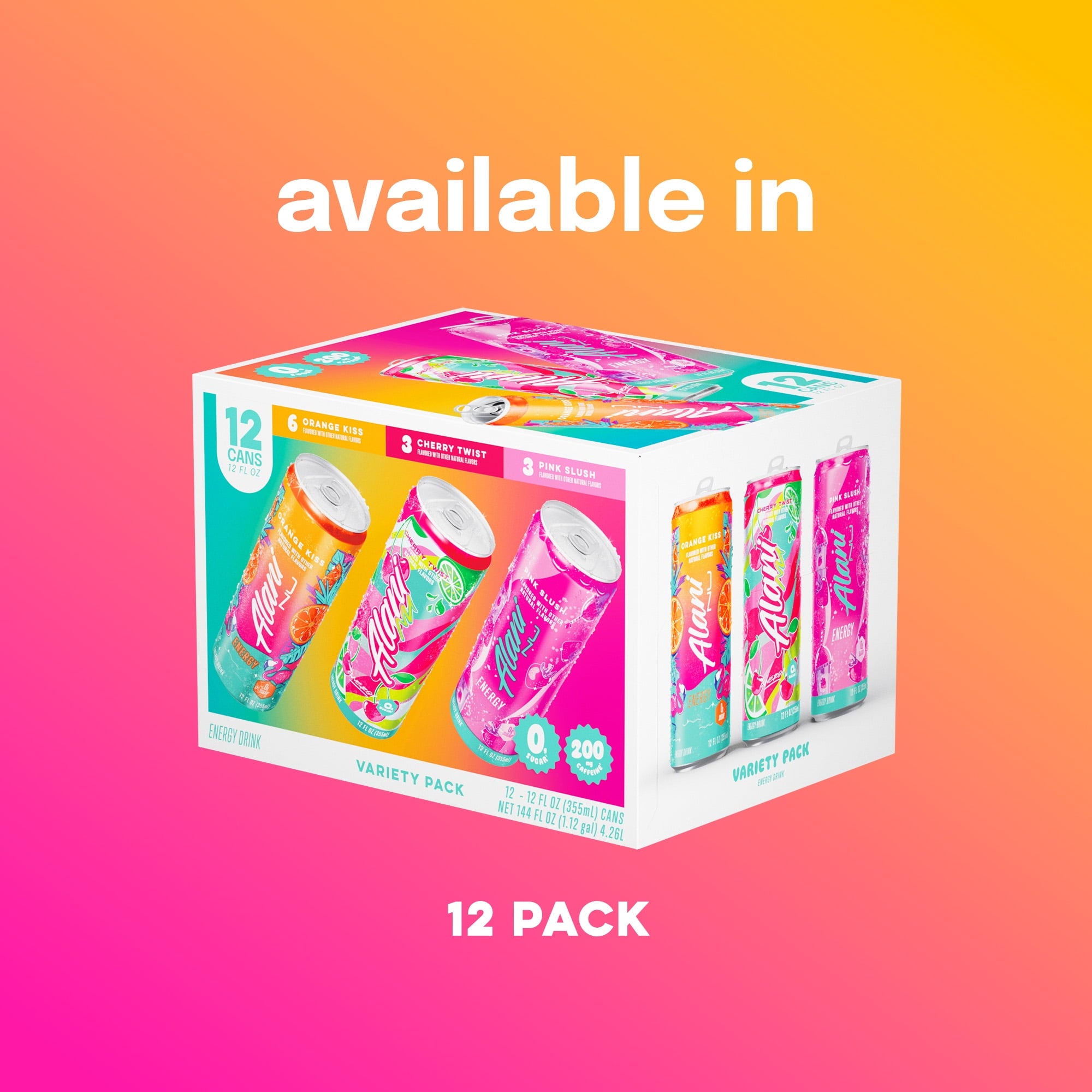 Sugar Free Energy Drink, Variety Pack, Pink Slush, Orange Kiss, Cherry Twist, 12 fl oz, 12 Pack, Cans, 200mg Caffeine