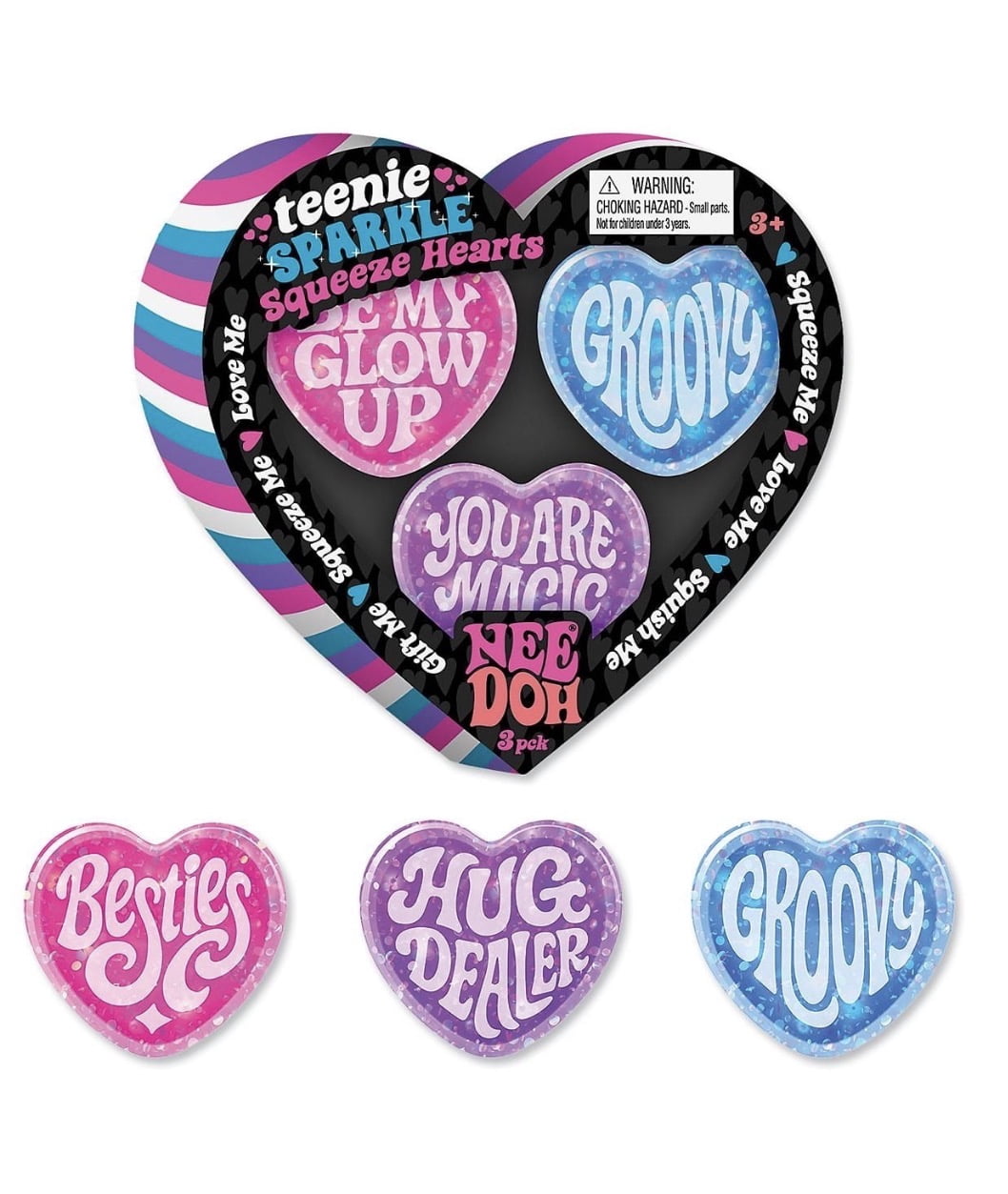 Teenie Sparkle Squeeze Hearts Squishy Stress Relieve Stress Ball Set, 3 Piece