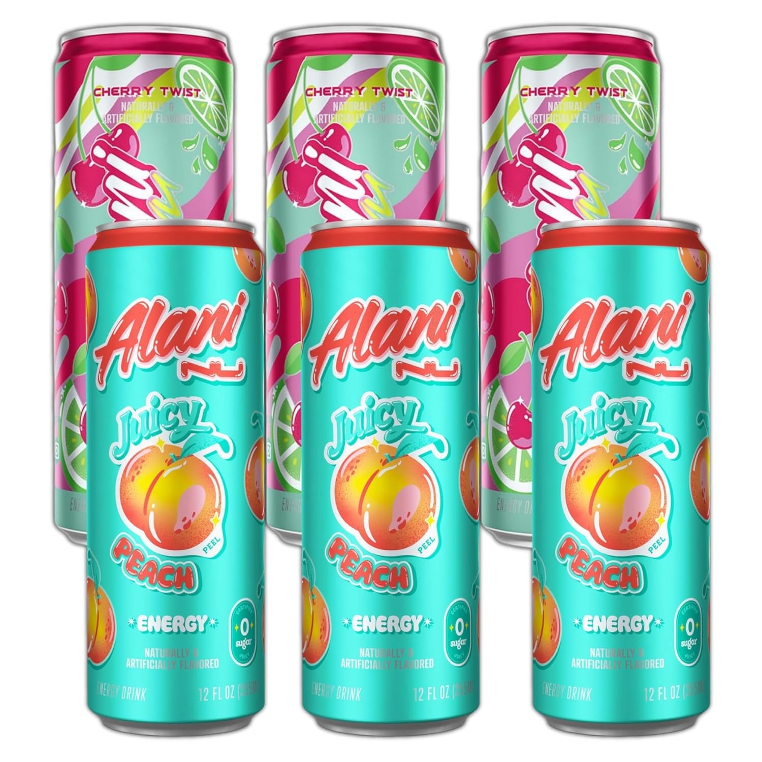 New  Energy Drinks Cherry Twist, Juicy Peach Variety Pack Sugar-Free, Low-Calorie, 200mg Caffeine, Energy Boost Drink 12 fl oz (Pack of 6)
