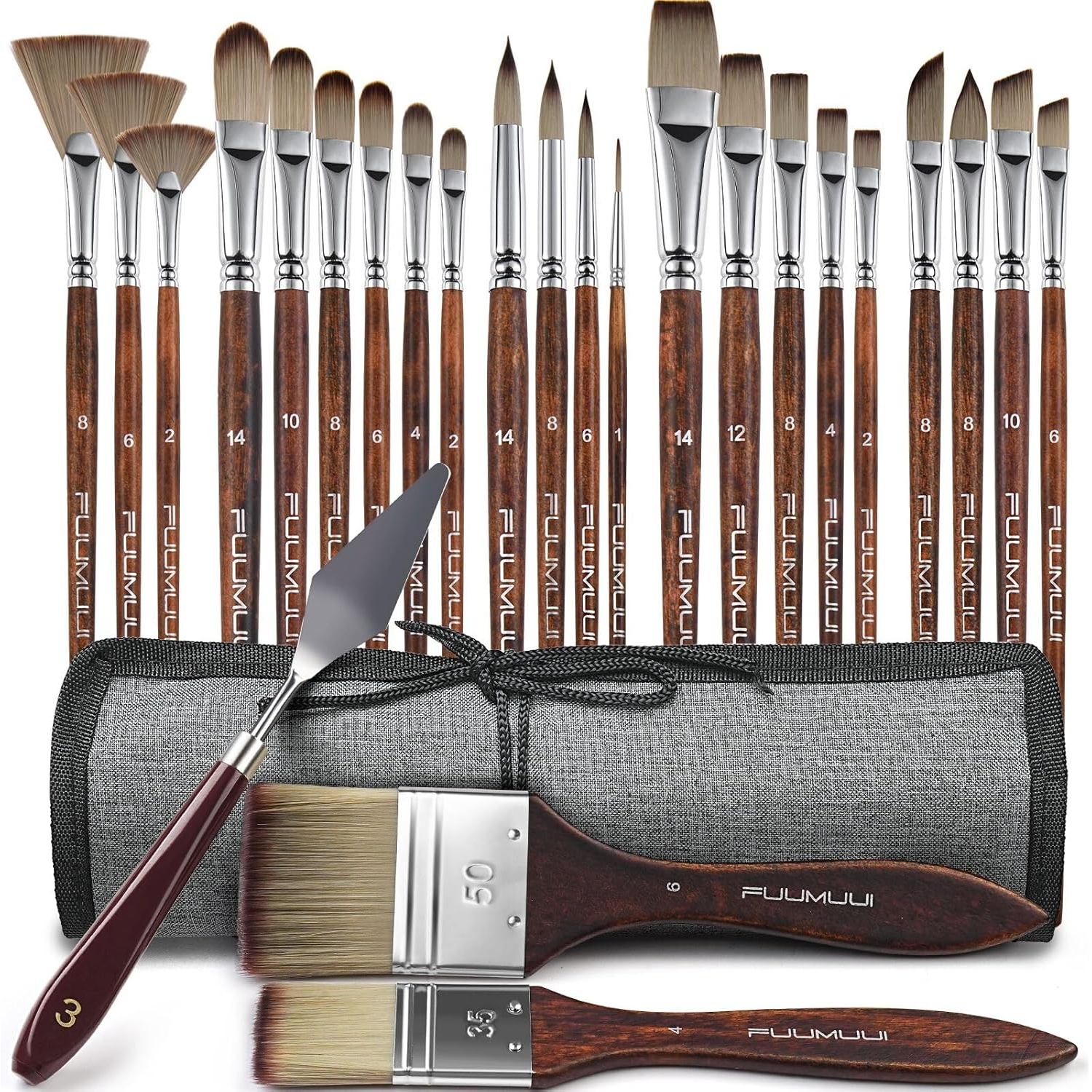 Fuumuui 25pcs Paint Brush Set, Professional 9 Shapes with Wide Flat, Filbert, Fan, Dagger, Cat Tongue, Round, Angle, ...