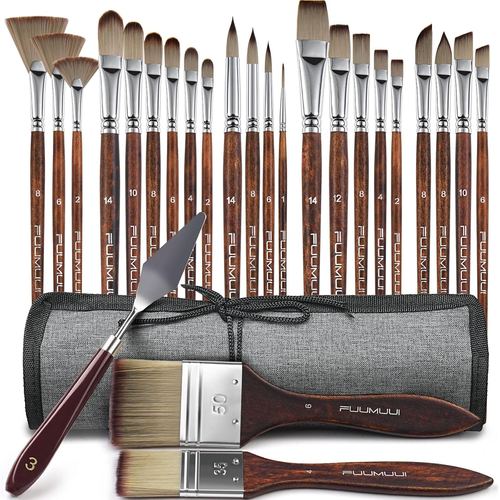 Fuumuui 25pcs Paint Brush Set, Professional 9 Shapes with Wide Flat, Filbert, Fan, Dagger, Cat Tongue, Round, Angle, ...