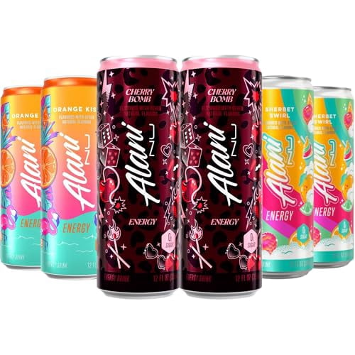 New  Energy Drinks Cherry Bomb, Sherbet Swirl, Orange Kiss Variety Pack Sugar-Free, Low-Calorie, 200mg Caffeine, Energy Boost Drink 12 fl oz (Pack of 6)