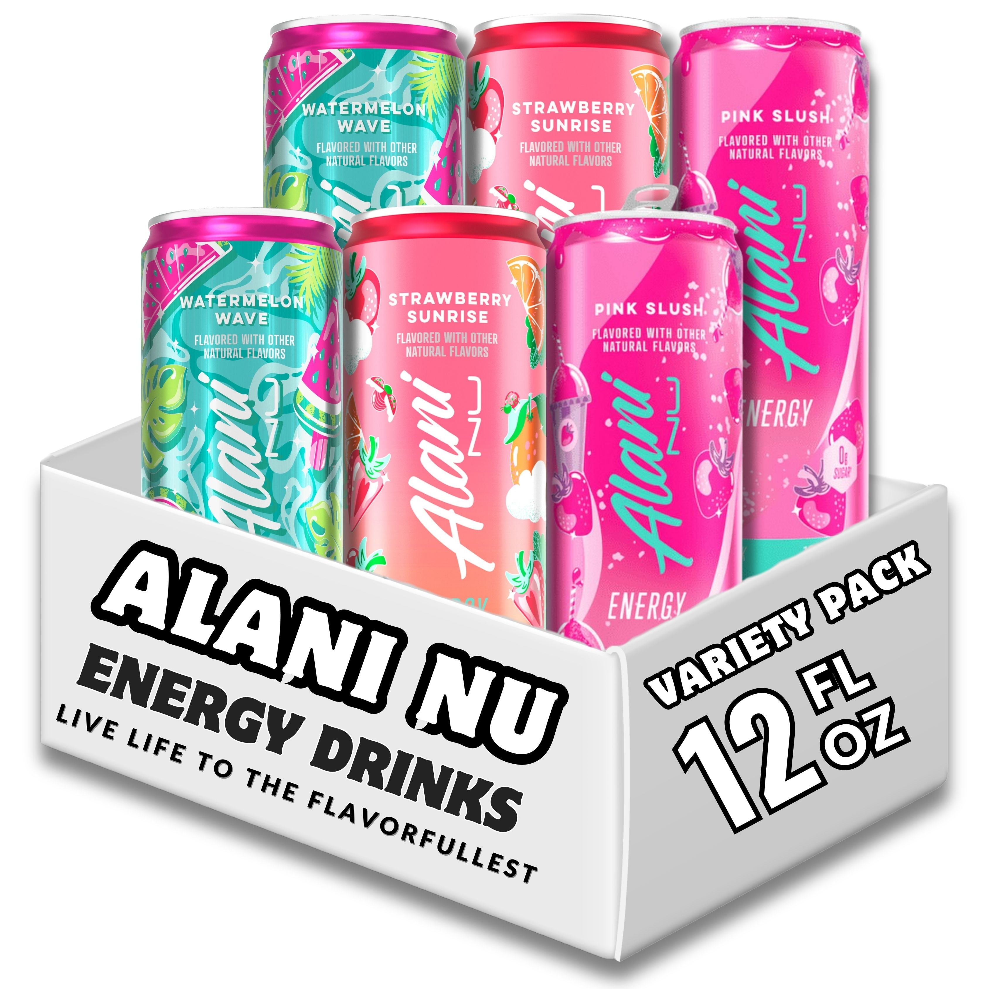 New  Nu Energy Drink Trio Variety Pack 12 fl oz - Strawberry Sunrise, Watermelon Wave, Pink Slush