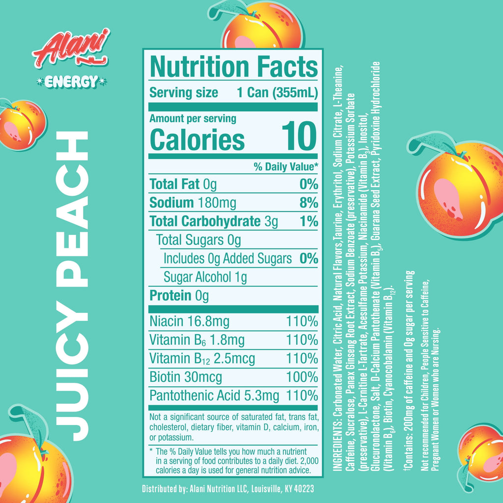 Sugar Free Energy Drink, Juicy Peach, 12 fl oz, 12 Pack, Cans, 200mg Caffeine