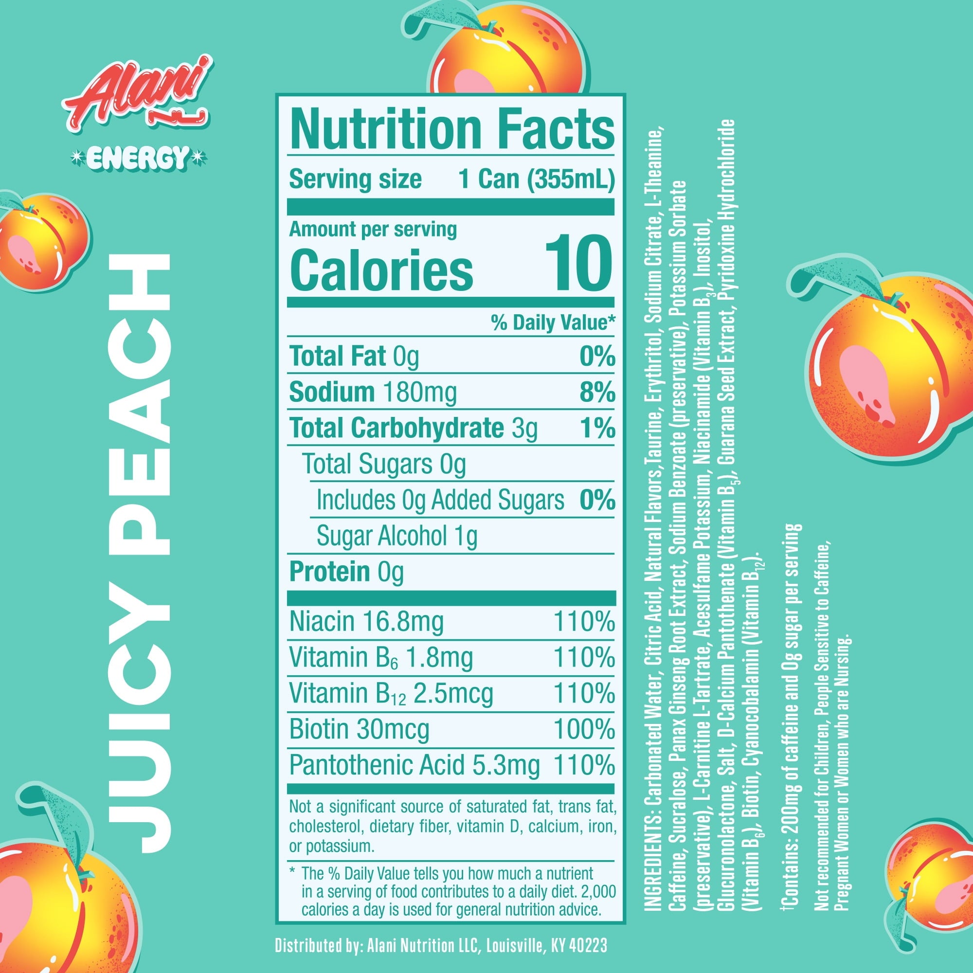 Sugar Free Energy Drink, Juicy Peach, 12 fl oz, 12 Pack, Cans, 200mg Caffeine
