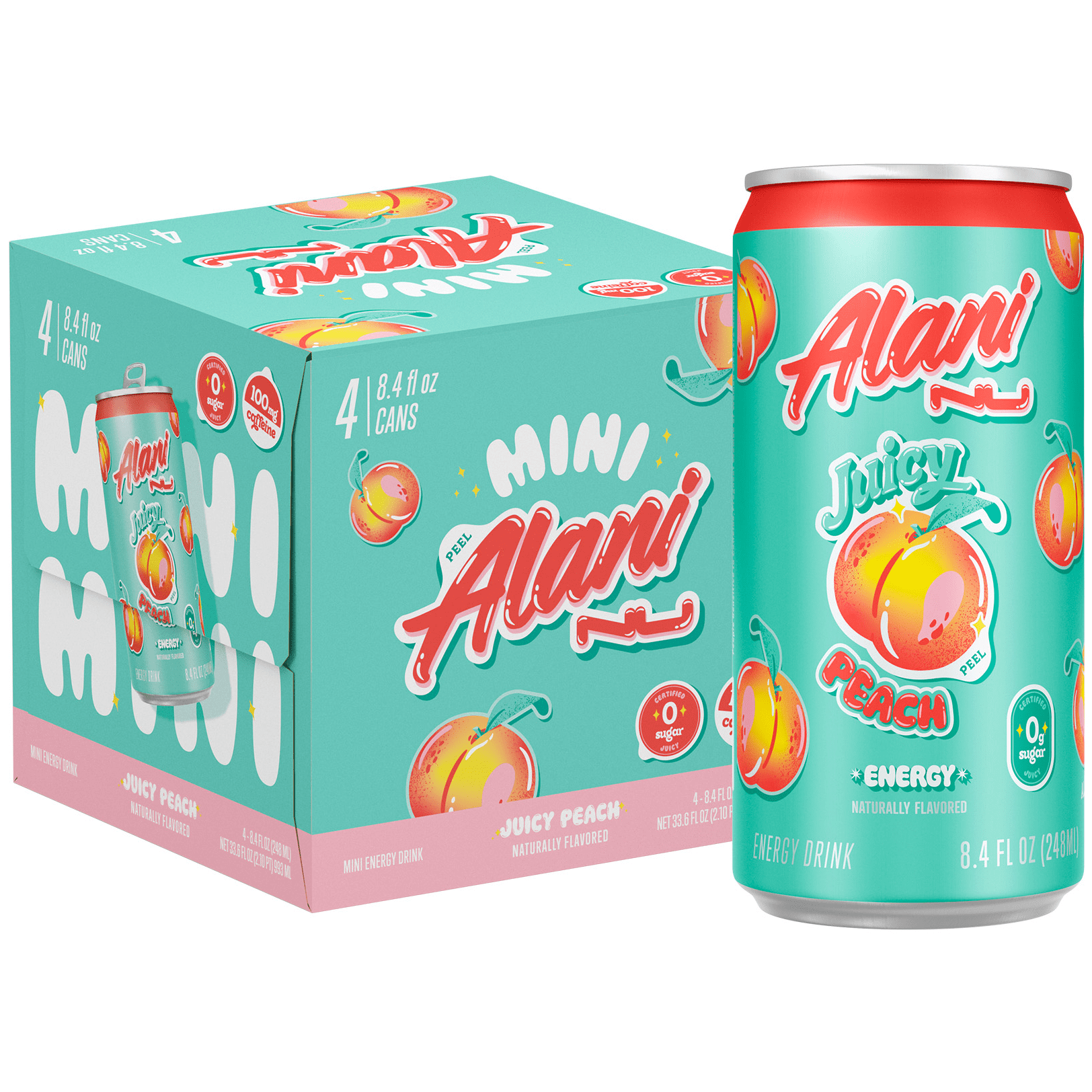 Sugar Free Energy Drink Mini, Juicy Peach, 8.4 fl oz, 4 Pack, Cans, 100mg Caffeine