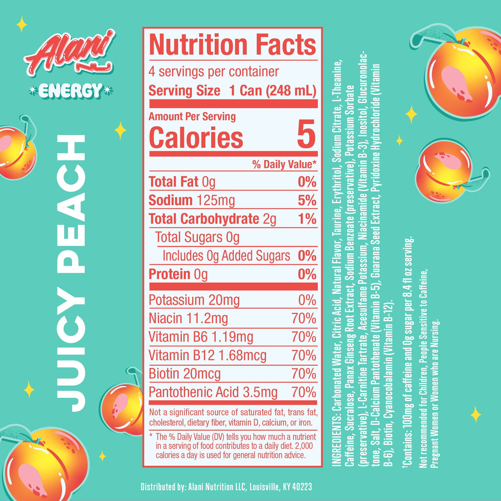 Sugar Free Energy Drink Mini, Juicy Peach, 8.4 fl oz, 4 Pack, Cans, 100mg Caffeine