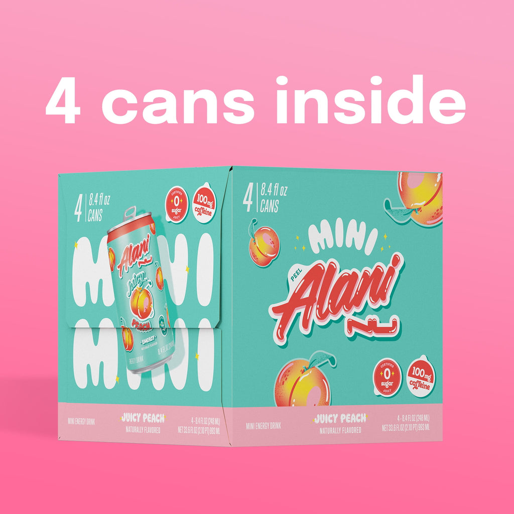 Sugar Free Energy Drink Mini, Juicy Peach, 8.4 fl oz, 4 Pack, Cans, 100mg Caffeine