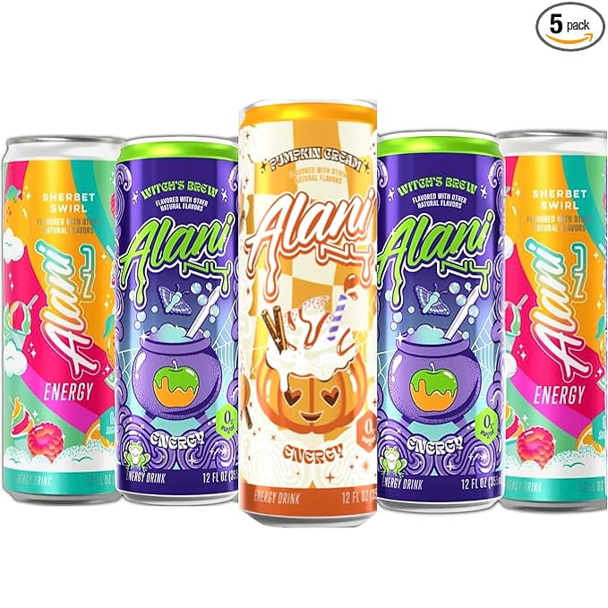 New  Energy Drinks Witches Brew, Sherbet Swirl, Pumpkin Cream Variety Pack Sugar-Free, Low-Calorie, 200mg Caffeine, Energy Boost Drink 12 fl oz (Total 5 cans) Repackaged