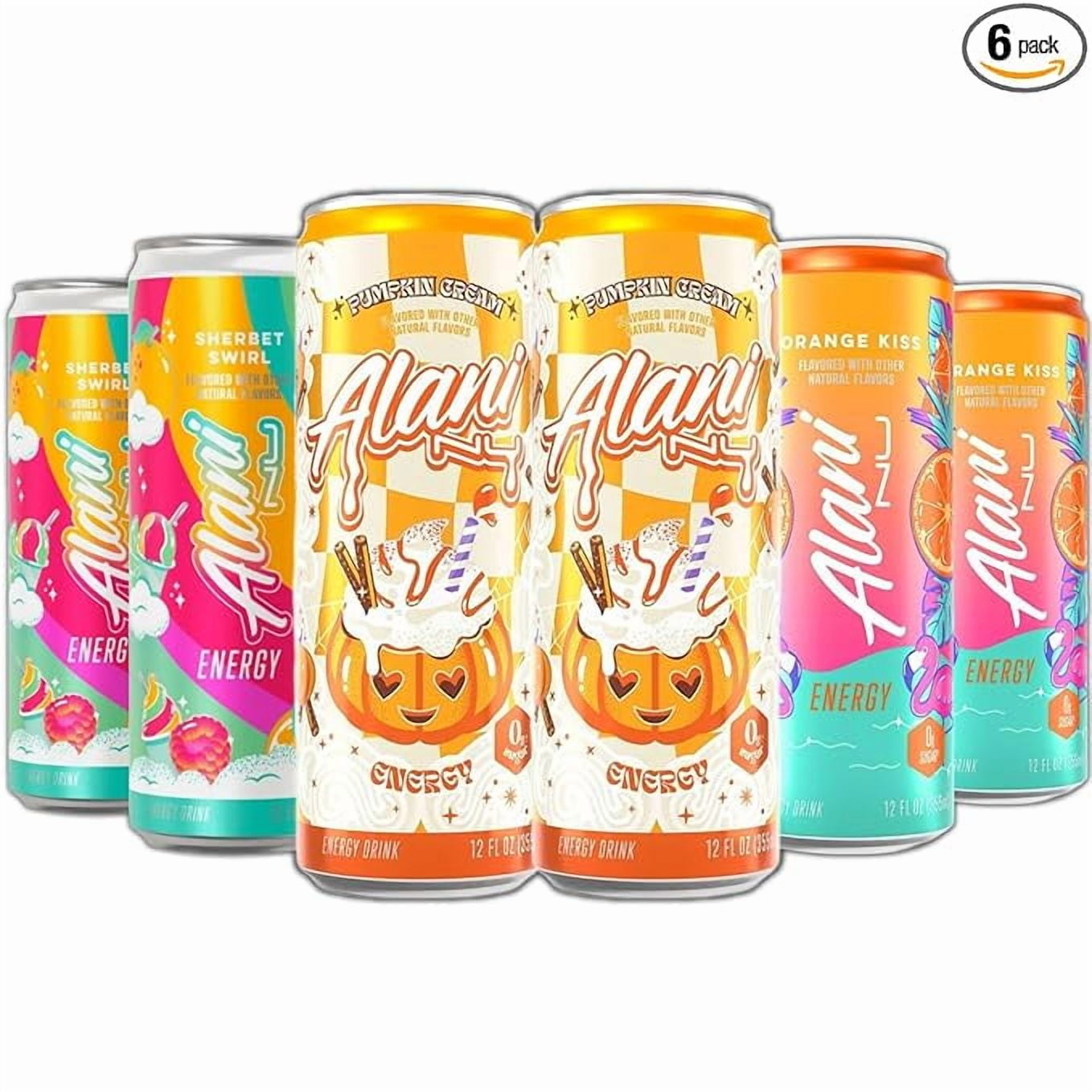 New  Energy Drinks Pumkin Cream, Sherbet Swirl, Orange Kiss Variety Pack, Sugar-Free, Low-Calorie, 200mg Caffeine, Energy Boost Drink 12 fl oz (Pack of 6) Repackaged