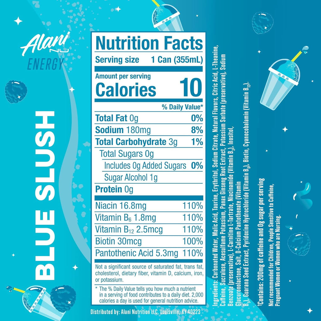 Sugar Free Energy Drink, Blue Slush, 12 fl oz, 12 Pack, Cans, 200mg Caffeine