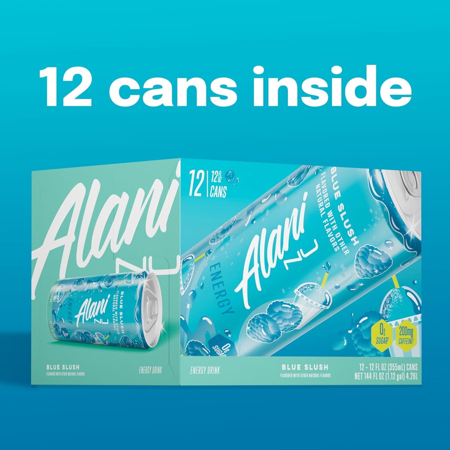 Sugar Free Energy Drink, Blue Slush, 12 fl oz, 12 Pack, Cans, 200mg Caffeine
