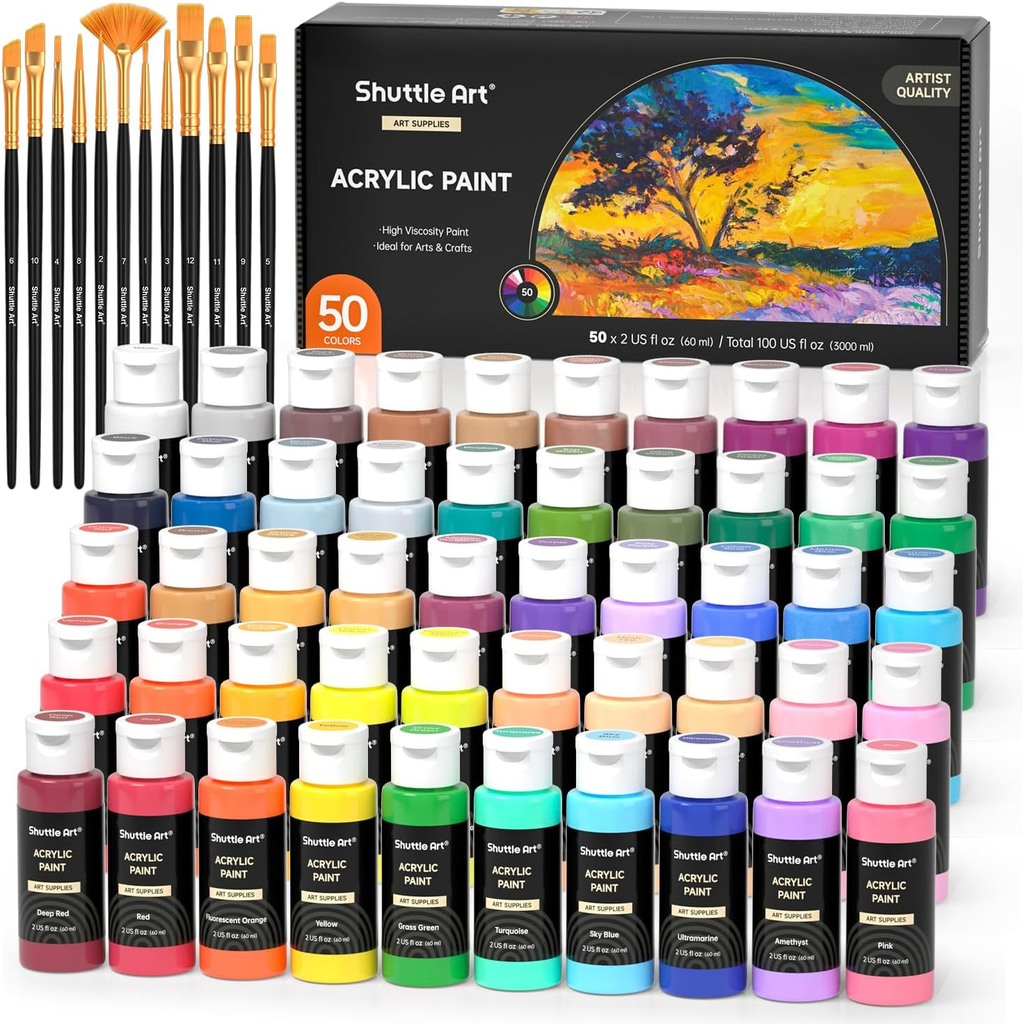 Shuttle Art Acrylic Paint, 50 Colors Acrylic Paint Set, 2oz/60ml Bottles, Rich Pigments, Water Proof, Premium for Art...