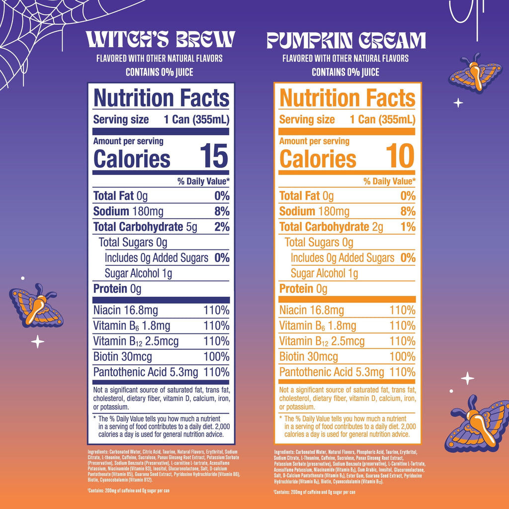Sugar Free Energy Drink, Variety Pack, 1 Witch's Brew, 1 Pumpkin Cream, 12 fl oz, 2 Pack, 200mg Caffeine