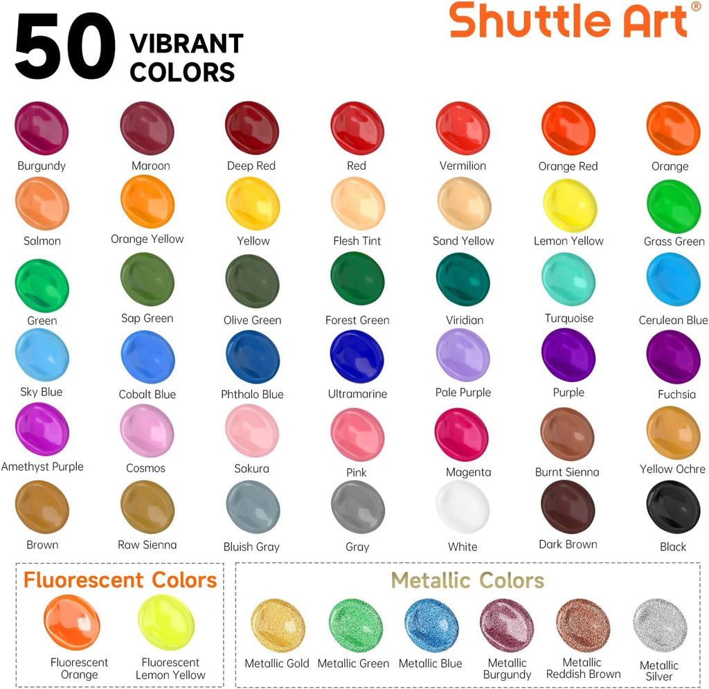Shuttle Art Acrylic Paint, 50 Colors Acrylic Paint Set, 2oz/60ml Bottles, Rich Pigments, Water Proof, Premium for Art... - Image 4