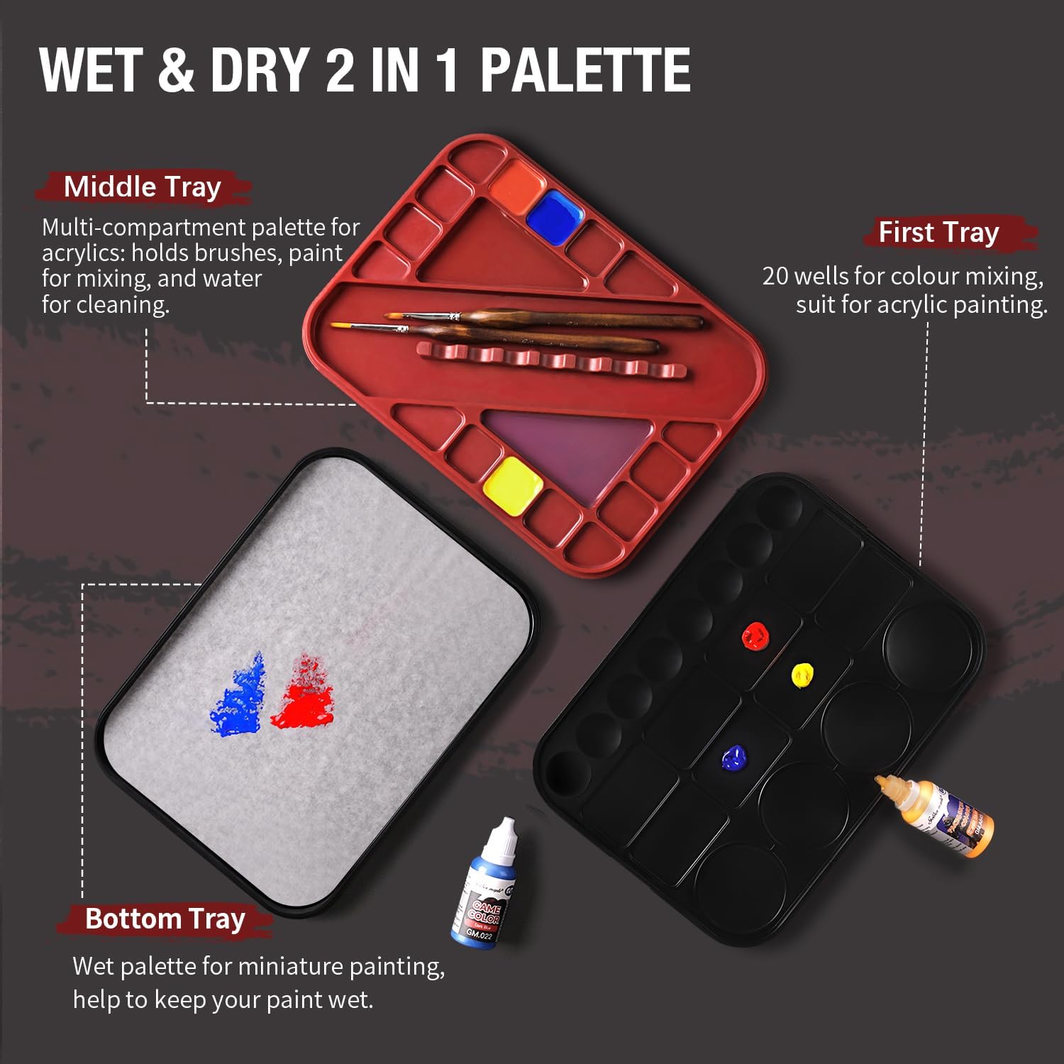 Wet Pallet for Painting Miniatures - Golden Maple 2 in 1 Dry and Wet Palette with Lid, Including 11 Miniature Paint B... - Image 4