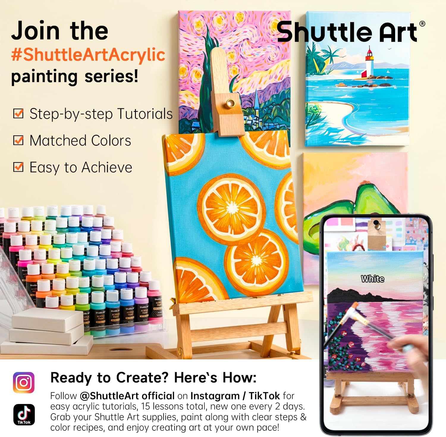 Shuttle Art Acrylic Paint, 50 Colors Acrylic Paint Set, 2oz/60ml Bottles, Rich Pigments, Water Proof, Premium for Art... - Image 3