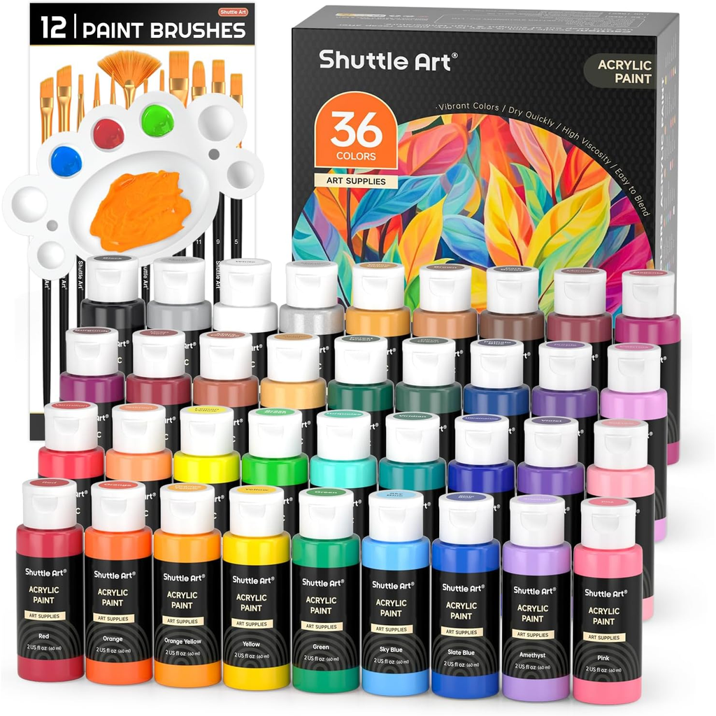 Shuttle Art Acrylic Paint, 36 Colors Acrylic Paint Set with Brushes & Palette, 2oz/60ml Bottles, Rich Pigments Non-to...