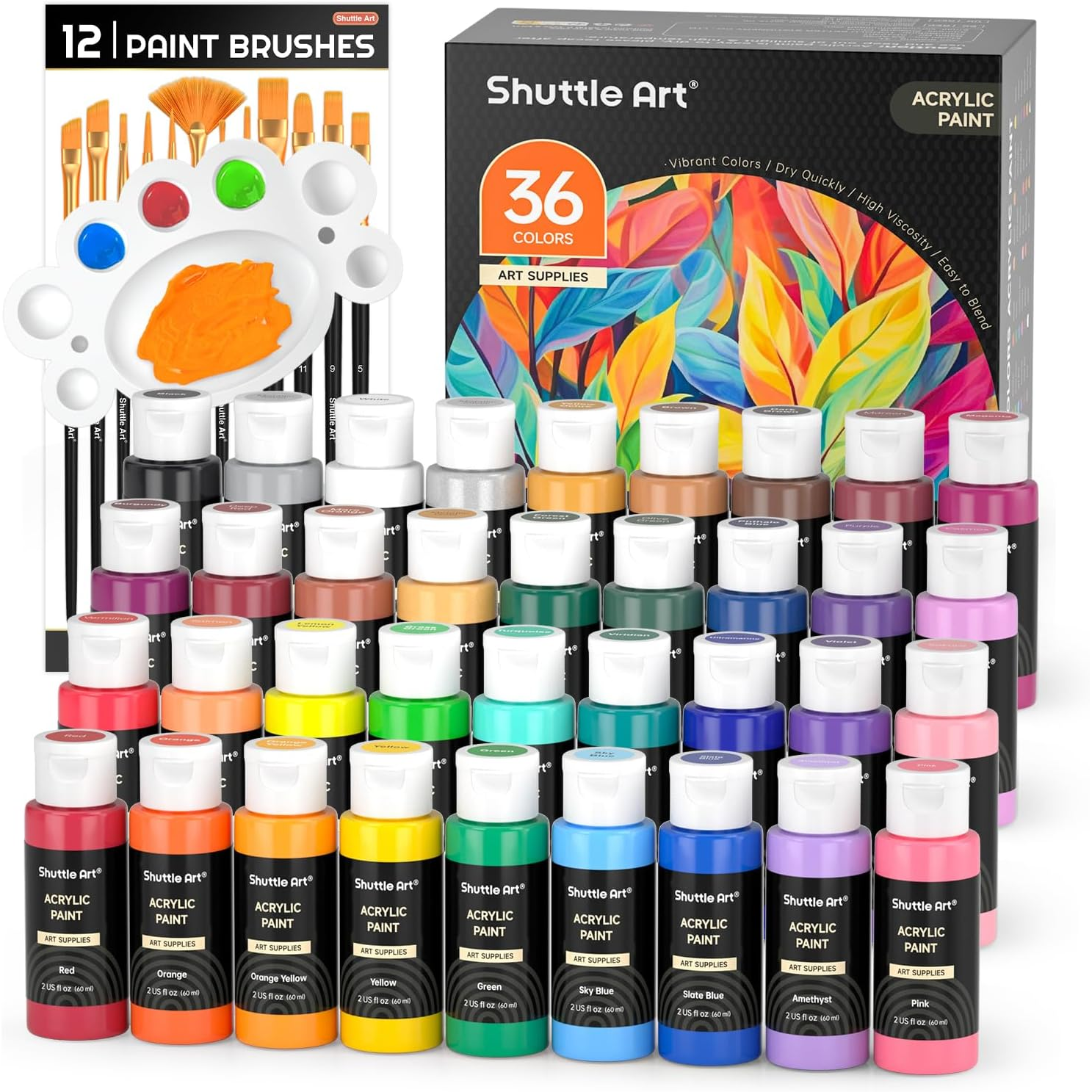 Shuttle Art Acrylic Paint, 36 Colors Acrylic Paint Set with Brushes & Palette, 2oz/60ml Bottles, Rich Pigments Non-to...