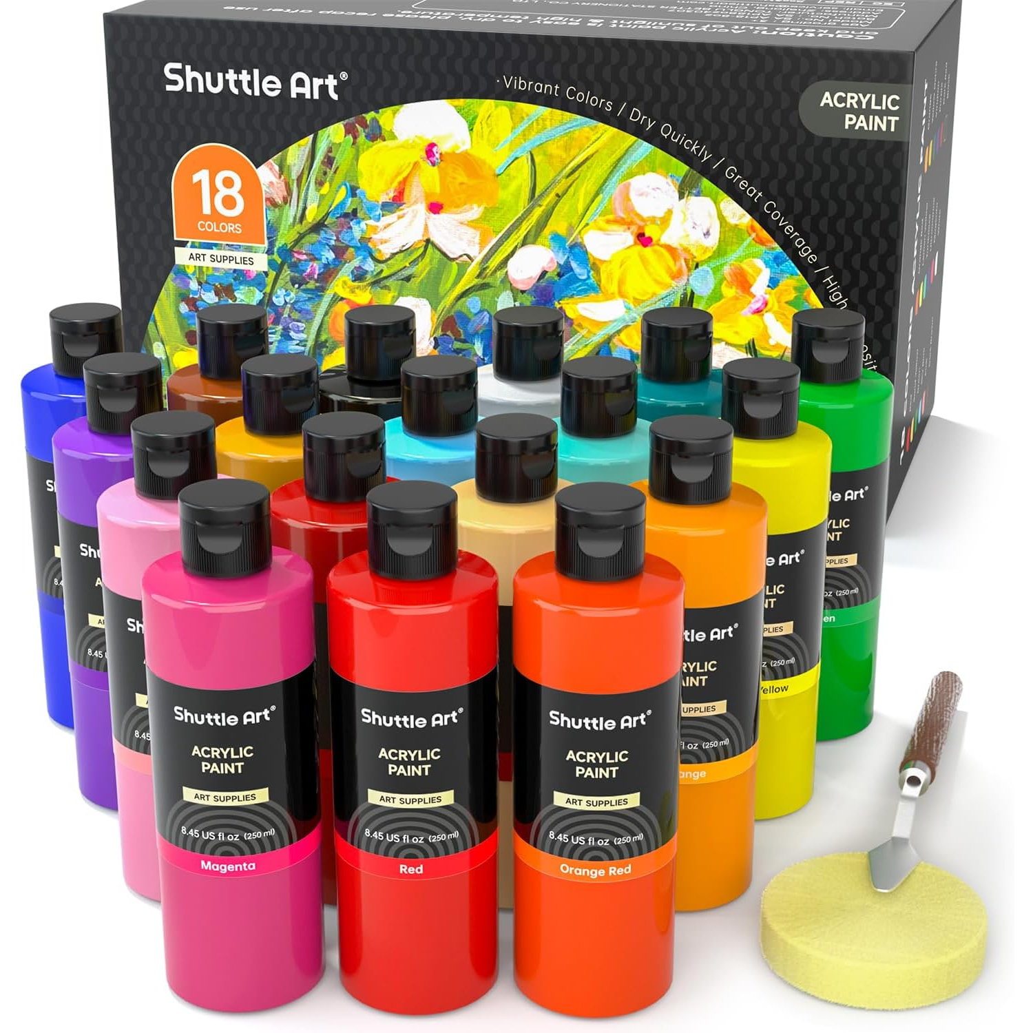 Shuttle Art 18 Colors Acrylic Paint Bottle Set (250ml/8.45oz), Rich Pigmented Bulk Painting Supplies for Artists, Beg...