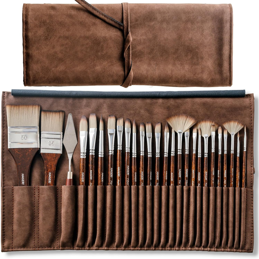 25 Pieces Paint Brushes, Expert Synthetic Nylon Bristles Paint Brush Kit with Palette Knife & Suede Leather Roll, Pai...