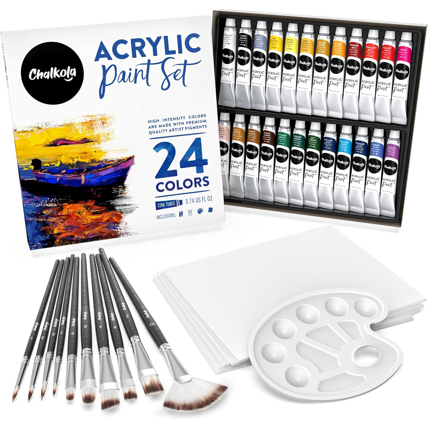 Chalkola 40 Acrylic Paint Set for Adults with 24 Acrylic Paints kit (22ml), 10 Painting Brushes, 5 Canvas for Paintin...