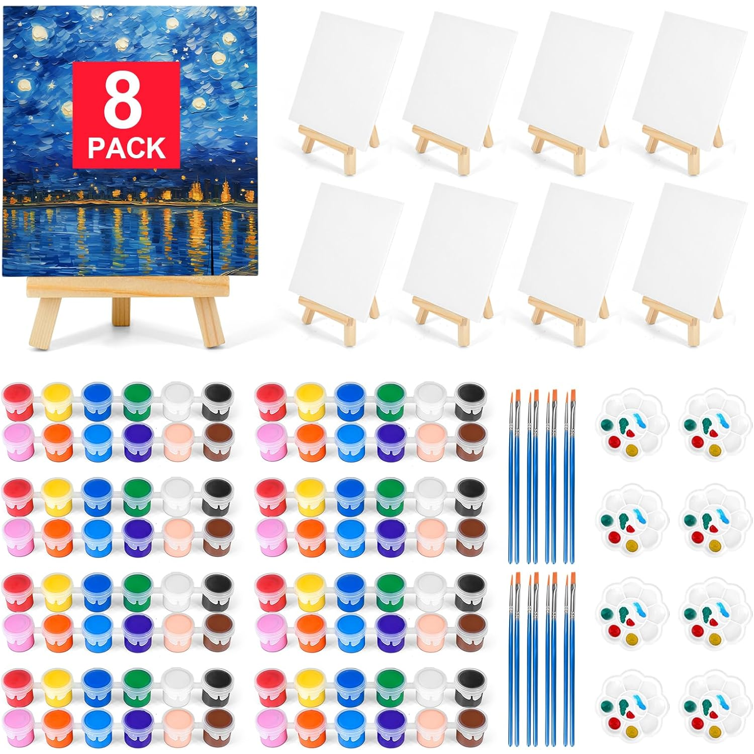 8 Pack 8 * 10In Canvas Boards for Painting, Art Canvas for Drawing with 16 Brushes & 8 Paint Trays & 16 Acrylic Paint...